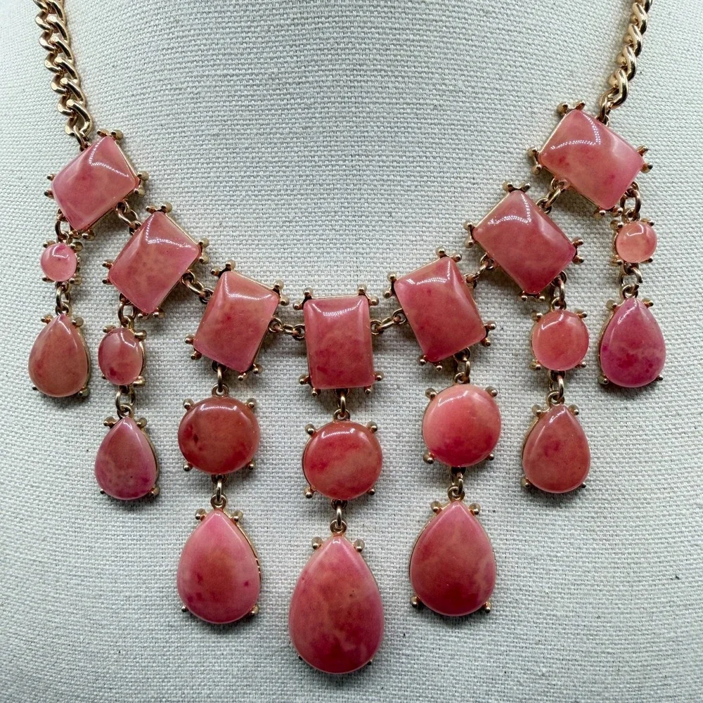 Pink Cabochon Statement Necklace Gold Tone Teardrop Fringe Bib Boho Romantic
